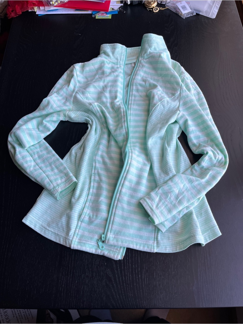 croft & barrow Mint and White Striped Zip Swim Rashguard